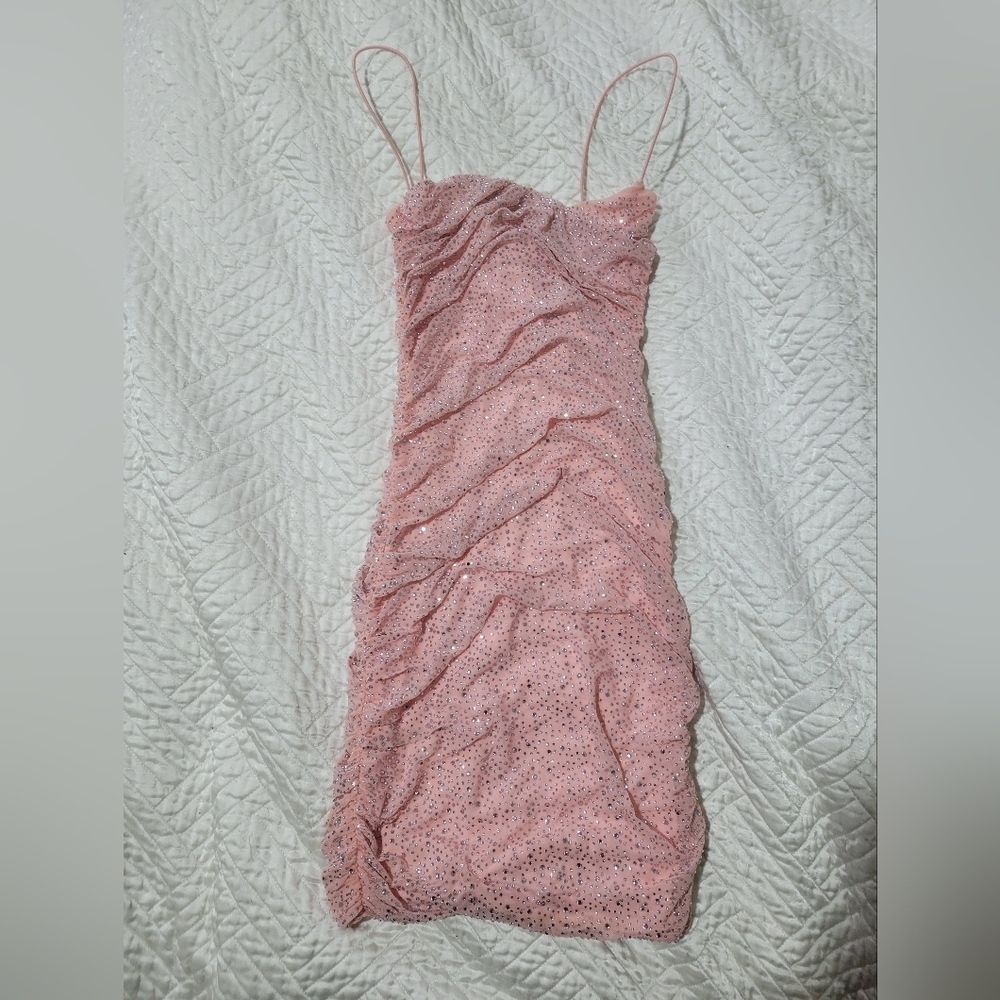Oh Polly Blush Pink Rhinestone Ruched Mini Dress Size US 4 - Picture 2 of 5